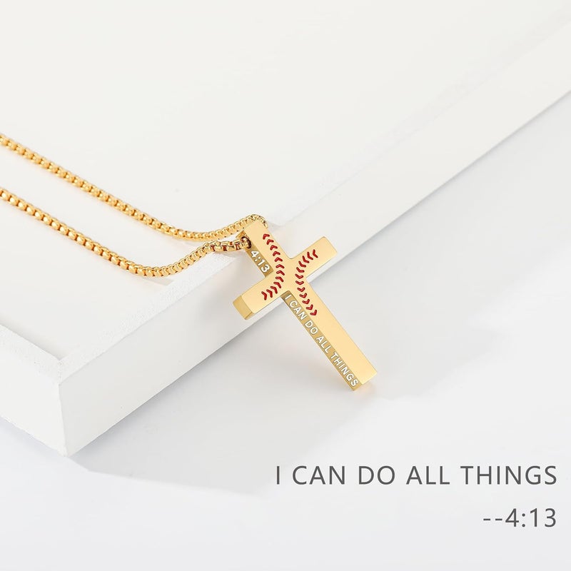 VULETO Baseball Bible Verse Cross Necklace for Boys Men, Stainless Steel Cross Pendant Baseball Valentines Christian Religious Jewelry Christmas Gifts for Teen Boys Kids Teens - Image 1